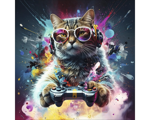 Chat avec casque et lunettes tenant une manette