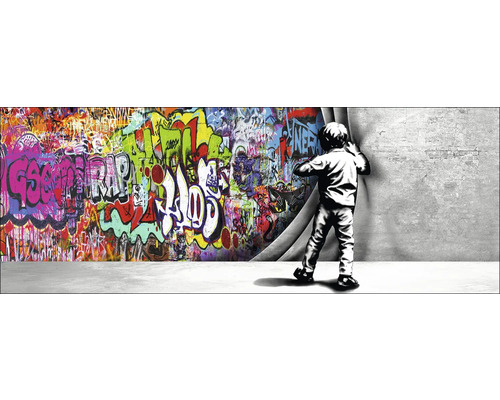 Tableau sur toile Graffiti Discovery 77x27 cm Mur décoratif avec graffitis et un garçon ouvrant un rideau