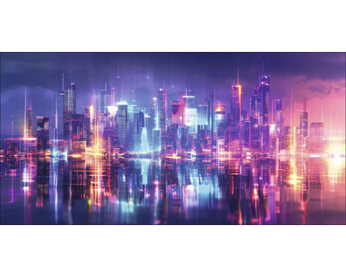Leinwandbild Manga City 100x50 cm Skyline einer Stadt mit Wolkenkratzern und Reflexionen im Wasser