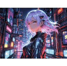 Scène cyberpunk avec une femme dans une ville éclairée par des néons