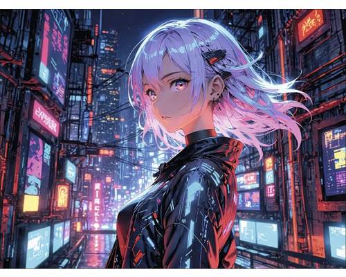 Tableau sur toile Manga Girl I 77x57 cm Scène cyberpunk avec une femme dans une ville éclairée par des néons