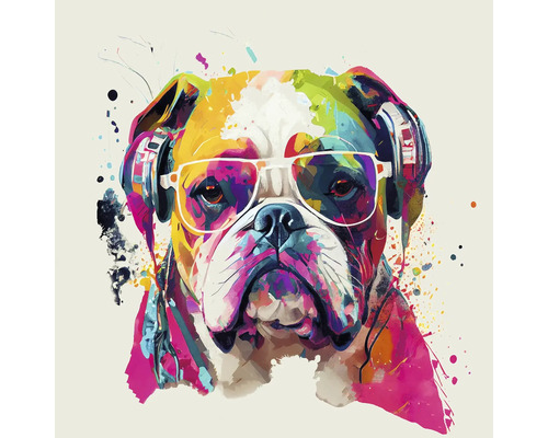 Illustration eines Hundes mit Kopfhörern und Brille