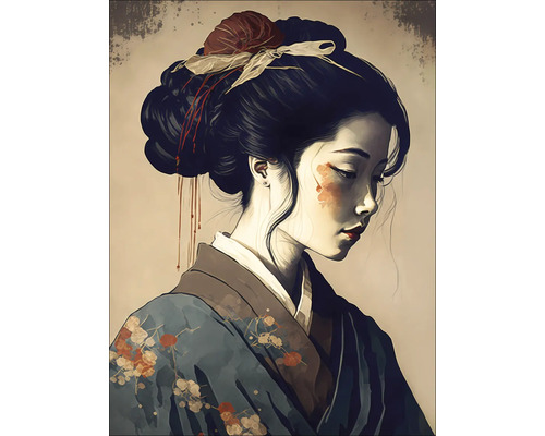 Illustration einer Frau im Kimono mit floralen Verzierungen und kunstvoller Frisur