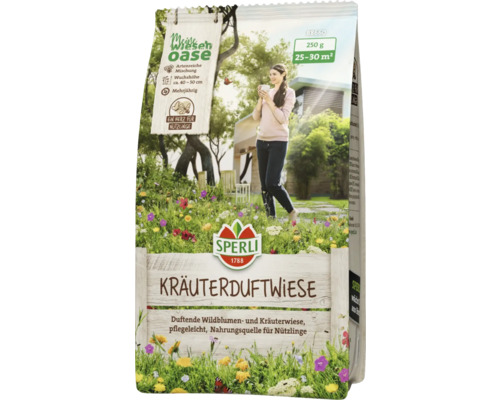 Kräuterduftwiese Saatgutpackung von Sperli für eine artenreiche Mischung und Nahrungsquelle für Nützlinge