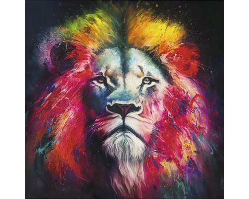 Leinwandbild Original Colorful Lion Head VI 90x90 cm Gemälde eines Löwenkopfes mit Farbspritzern