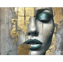 Gemälde mit abstraktem Frauengesicht und Goldakzenten