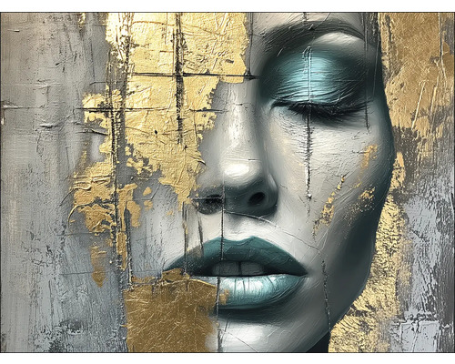 Leinwandbild Painted Face I 116x84 cm Gemälde mit abstraktem Frauengesicht und Goldakzenten