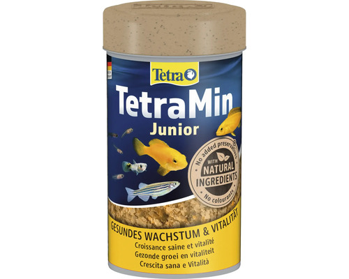 Nourriture pour poissons TetraMin Junior pour une croissance saine et la vitalité avec des ingrédients naturels en boîte.