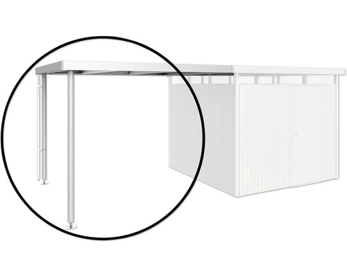 Detailansicht eines Carports mit Aluminiumpfosten und Gerätehaus