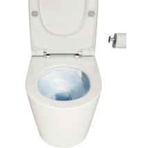 Toilettes blanches avec couvercle ouvert et porte-papier toilette