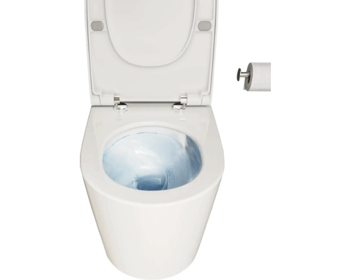 Toilettes blanches avec couvercle ouvert et porte-papier toilette