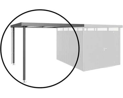 Toiture latérale biohort pour abri de jardin HighLine 5 taille S 150 x 315 cm gris foncé métallique Vue détaillée d'un abri de voiture en métal avec des piliers de soutien