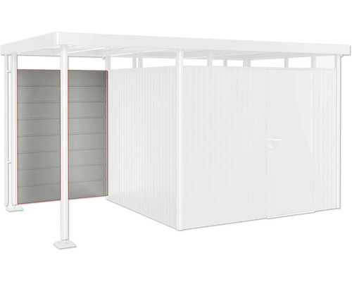 Paroi arrière toiture latérale biohort pour abri de jardin HighLine taille S 2-5 134 x 181 cm gris quartz métallique Vue d'un coffre à outils avec éléments de fixation