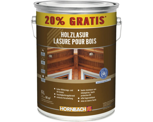 Holzlasur im 6-Liter-Eimer mit 20 Prozent Gratis Inhalt von Hornbach