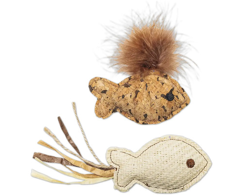 Beeztees Jouet pour chat Jouet à l'herbe à chat Poisson Sadie 10 cm x 10 cm x 1.5 cm Deux jouets pour chats en forme de poisson, un en liège avec des plumes, l'autre en tissu tressé avec des rubans