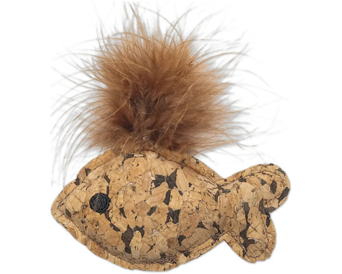 Jouet pour chat en forme de poisson en liège avec plumes