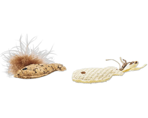 Deux jouets pour chat en forme de poisson, un en liège et l'autre en raphia