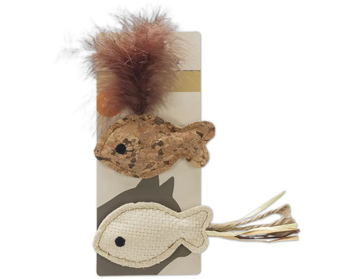 Jouet pour chat avec plumes et motifs de poissons en liège et tissu
