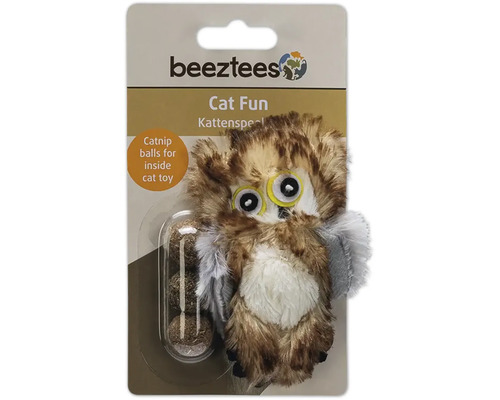 Logo Beeztees. Jouet pour chat en forme de hibou avec des boules d'herbe à chat.