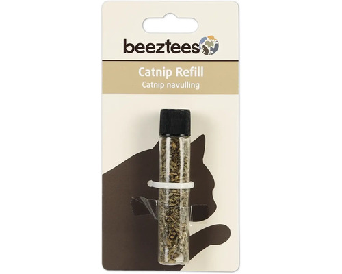 Logo Beeztees. Recharge d'herbe à chat dans un flacon transparent avec bouchon noir.