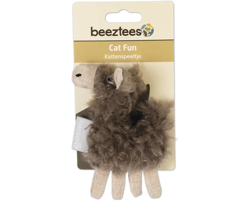 Beeztees Logo. Jouet pour chat en forme de peluche sur un emballage de vente.