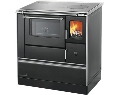 Dauerbrandofen Westminster K76F-90 schwarz Backraum links mit Stahlplatte-Kochfeld Holzherd mit Backofen und Kochfeld