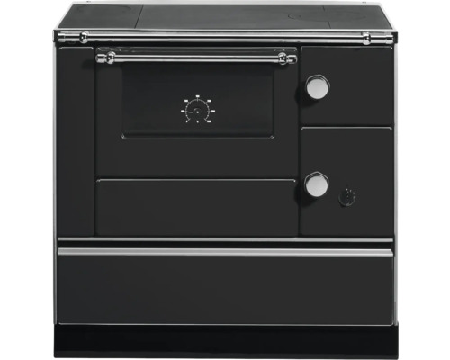 Dauerbrandofen Westminster K76-90 schwarz Backraum links mit Stahlplatte-Kochfeld Schwarzer Küchenherd mit Kochfeld und Backofen