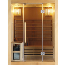 Sauna en bois avec porte en verre et éclairage