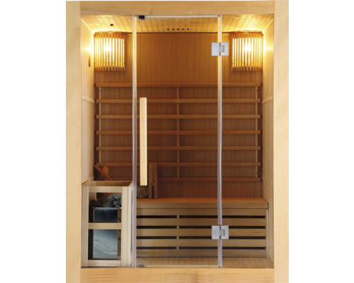 Sauna en bois avec porte en verre et éclairage