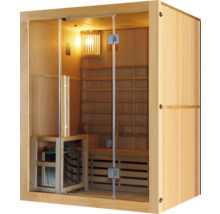 Sauna en bois avec porte en verre et intérieur