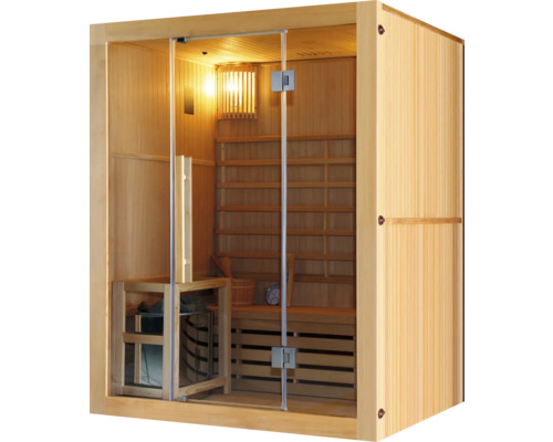 Sauna en bois avec porte en verre et intérieur