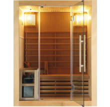 Sauna en bois avec porte en verre et aménagement intérieur