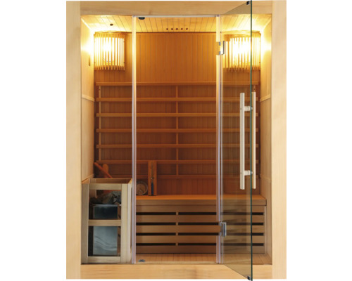 Sauna en bois avec porte en verre et aménagement intérieur