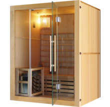 Sauna en bois avec porte en verre et bancs