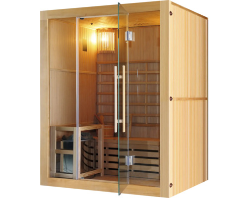 Sauna en bois avec porte en verre et bancs
