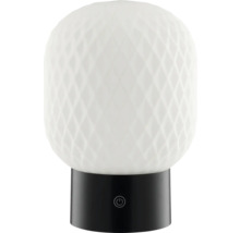 Tischleuchte mit schwarzem Sockel und weissem Lampenschirm