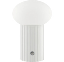 Weisse Tischleuchte mit rundem Lampenschirm und geriffeltem Sockel