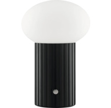 Tischleuchte mit rundem, weissem Lampenschirm und geriffeltem, dunklem Fuss