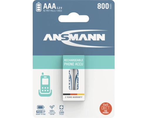 Ansmann AAA 1.2 V wiederaufladbare Akkus für Telefone, 800 mAh, zwei Jahre Garantie