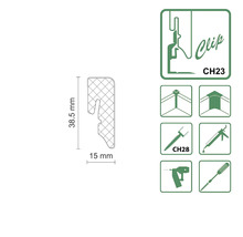 Illustration d'un clip de fixation avec dimensions et symboles pour les domaines d'application