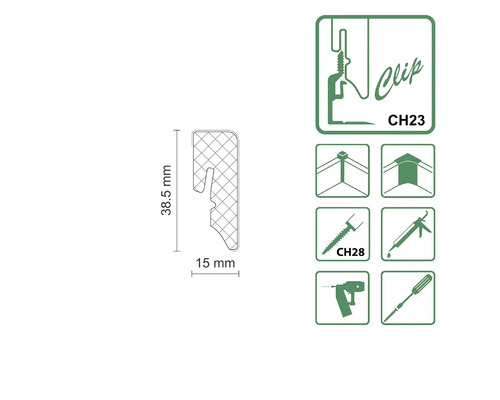 Illustration d'un clip de fixation avec dimensions et symboles pour les domaines d'application
