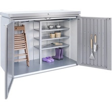 Coffre à outils ouvert avec étagères et outils de jardin