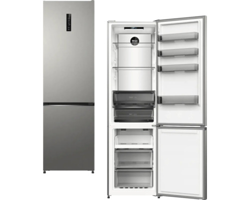 Réfrigérateur combiné avec porte ouverte et vue intérieure