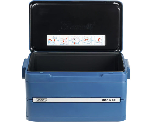Geöffnete blaue Kühlbox mit Coleman Logo