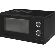 Four à micro-ondes noir avec boutons rotatifs pour le réglage de la puissance et du temps.