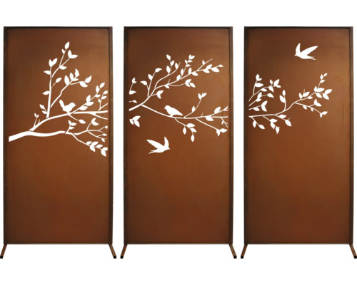 Sichtschutzwand, Paravent Vogeltraum 3-teilig 100 x 200 cm rost Dekorativer Raumteiler mit Baum- und Vogelmotiven für den Innenbereich
