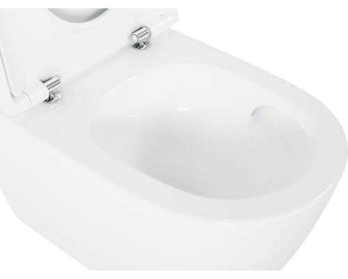 Gros plan de toilettes suspendues en céramique blanche avec abattant ouvert.