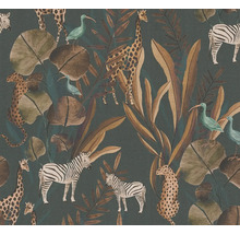 Tapete mit Dschungelmotiven, inklusive Zebras, Giraffen, Leoparden, Blätter und Vögel