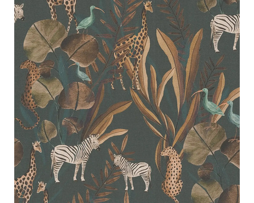 Tapete mit Dschungelmotiven, inklusive Zebras, Giraffen, Leoparden, Blätter und Vögel