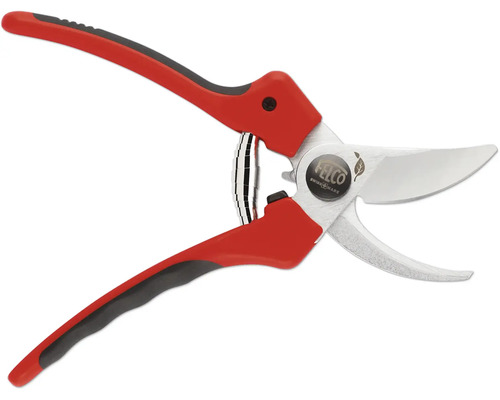 Gartenschere mit roten Griffen und silberfarbenen Klingen